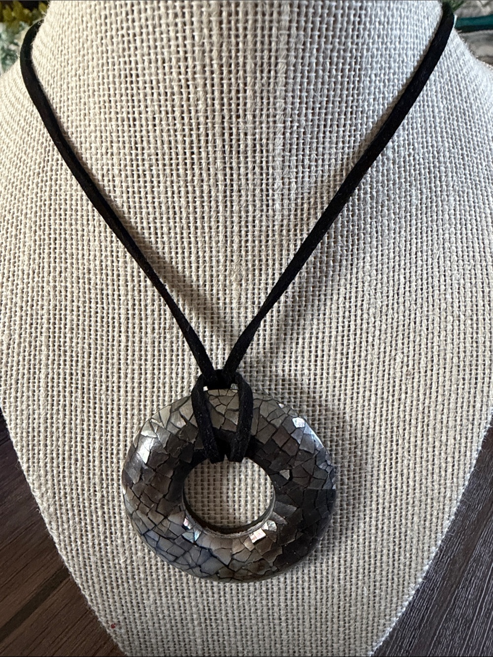 Lia Sophia Silver Mosaic Donut Pendant on Black Cord